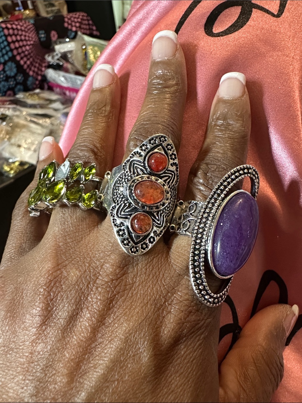 3 pcs Sterling-Style Multi-Stone Ring-Purple,Oranges & Green.1 stone missing